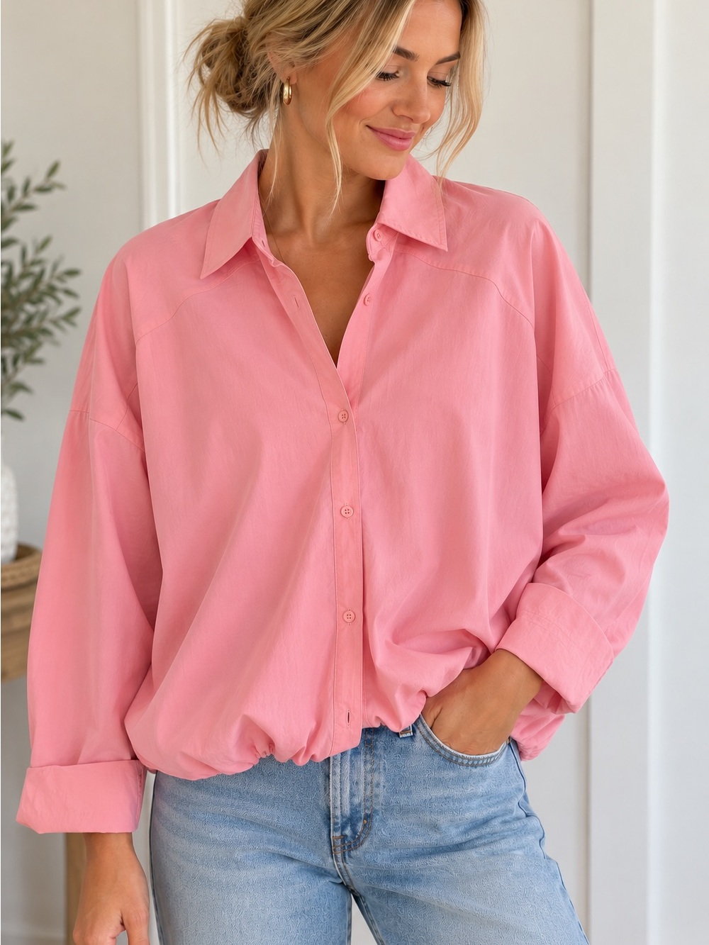 Zara Pink Relaxed Button-Down bubble hem Shirt, 100% cotton, sz M, euc